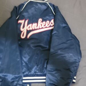 Navy Satin Bomber Jacket with 'Yankees' Script - Women's
